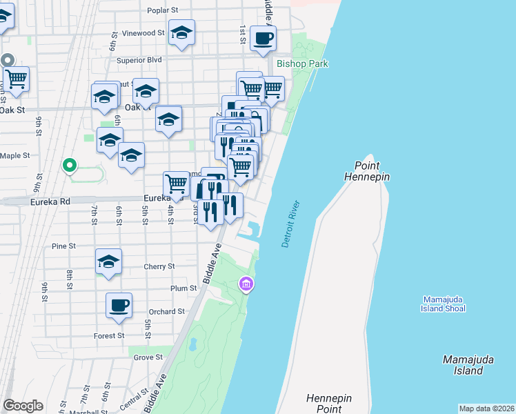 map of restaurants, bars, coffee shops, grocery stores, and more near 3301 Biddle Avenue in Wyandotte