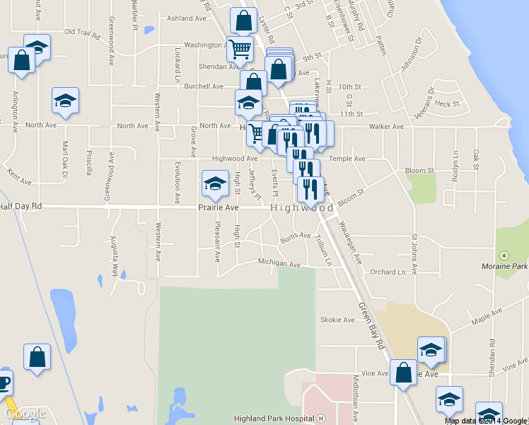 map of restaurants, bars, coffee shops, grocery stores, and more near 115 Prairie Avenue in Highwood