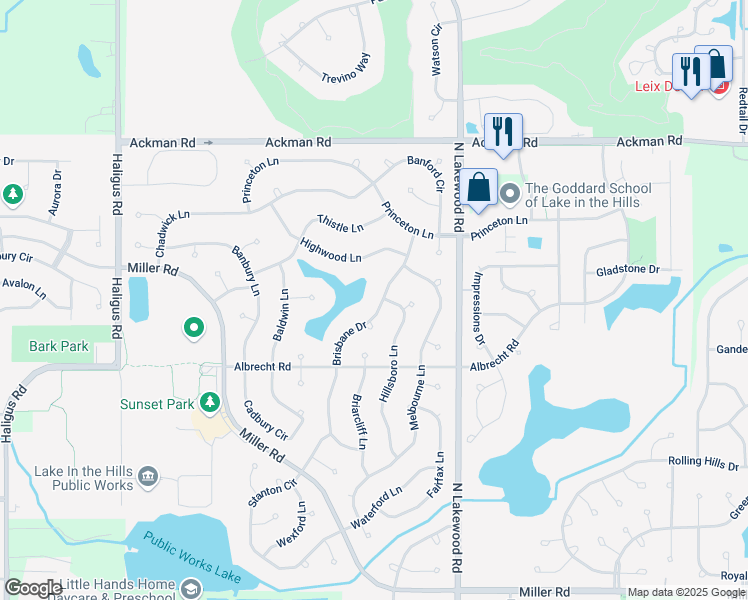 map of restaurants, bars, coffee shops, grocery stores, and more near 3061 Brisbane Drive in Lake in the Hills