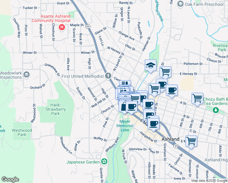 map of restaurants, bars, coffee shops, grocery stores, and more near 137 North Main Street in Ashland