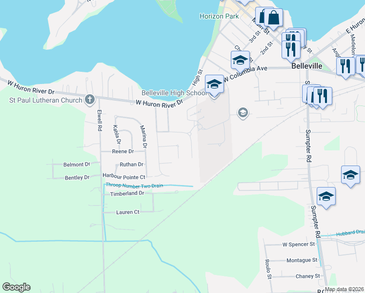 map of restaurants, bars, coffee shops, grocery stores, and more near 409 Breakwater Court in Belleville