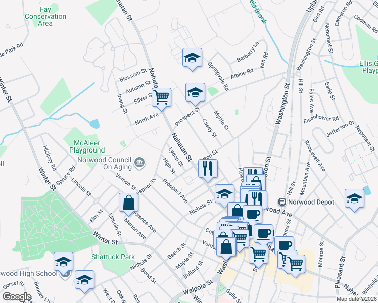 map of restaurants, bars, coffee shops, grocery stores, and more near 359 Nahatan Street in Norwood