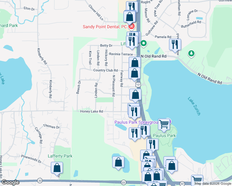 map of restaurants, bars, coffee shops, grocery stores, and more near 104 North Pleasant Road in Lake Zurich