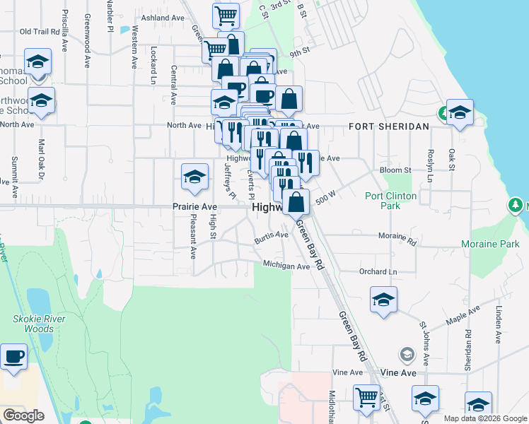 map of restaurants, bars, coffee shops, grocery stores, and more near 39 Prairie Avenue in Highwood