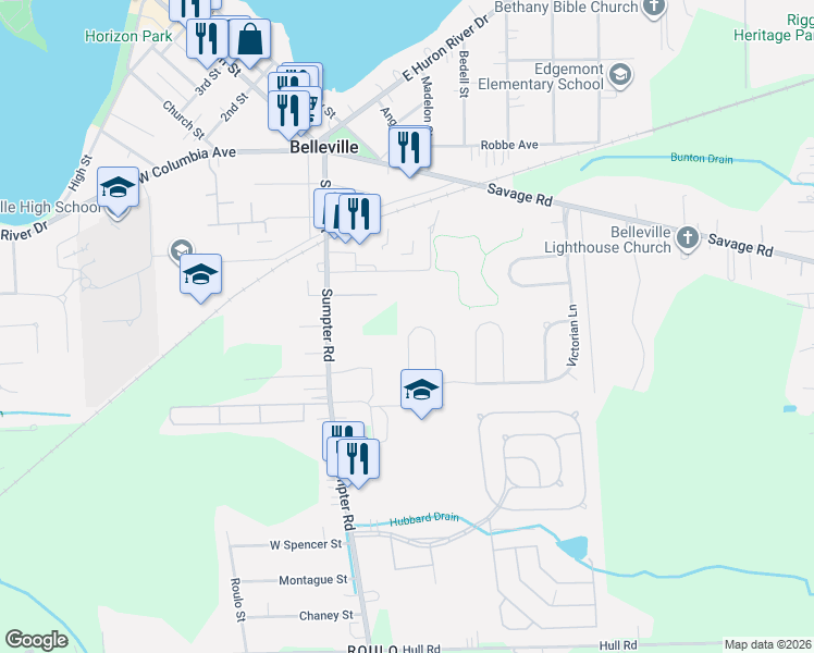 map of restaurants, bars, coffee shops, grocery stores, and more near 558 Thornhill Court in Belleville