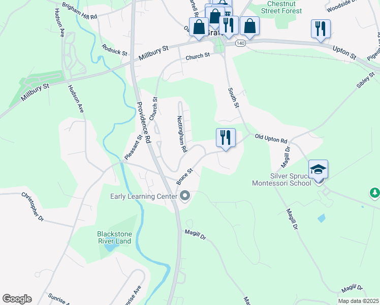 map of restaurants, bars, coffee shops, grocery stores, and more near 62 Londonderry Road in Grafton