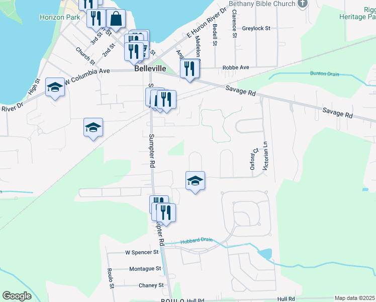 map of restaurants, bars, coffee shops, grocery stores, and more near 558 Thornhill Court in Belleville
