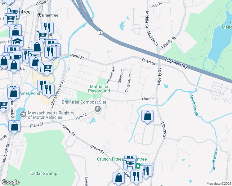 map of restaurants, bars, coffee shops, grocery stores, and more near 142 Congress Street in Braintree