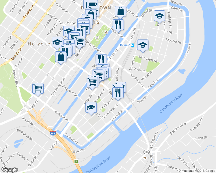 map of restaurants, bars, coffee shops, grocery stores, and more near 61-65 Cabot Street in Holyoke