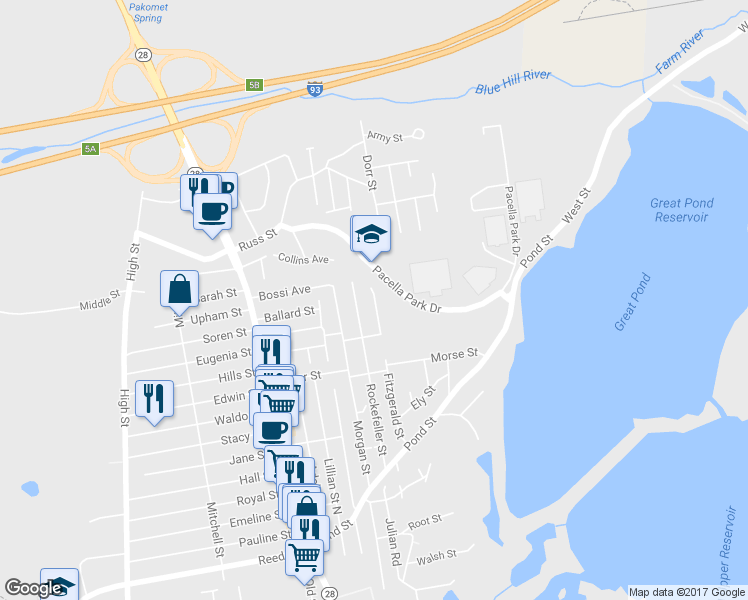 map of restaurants, bars, coffee shops, grocery stores, and more near 68 Fitzgerald Street in Randolph
