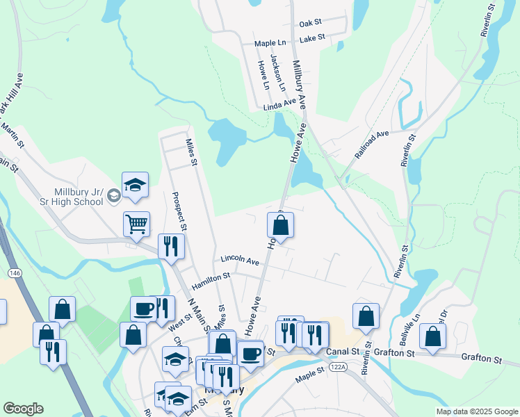 map of restaurants, bars, coffee shops, grocery stores, and more near 8 Patriots Place in Millbury