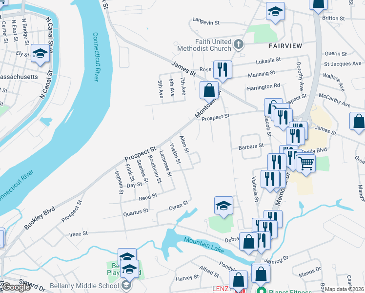 map of restaurants, bars, coffee shops, grocery stores, and more near 34 Allen Street in Chicopee