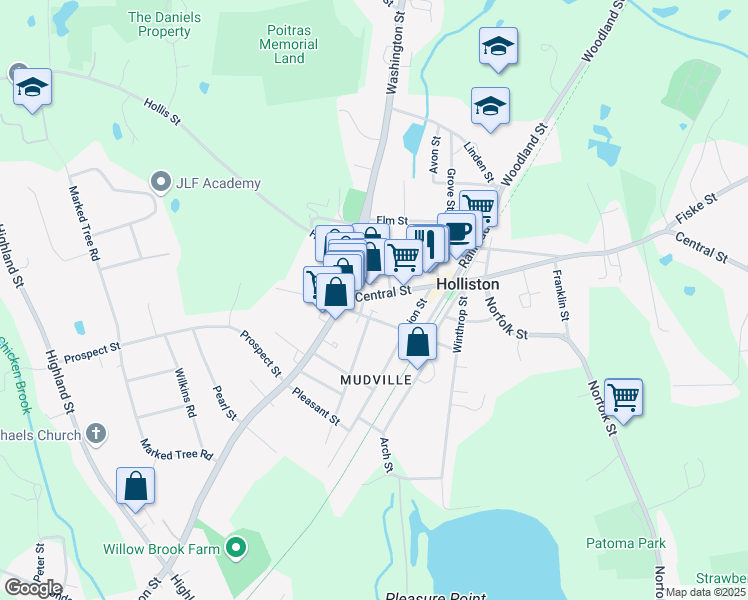 map of restaurants, bars, coffee shops, grocery stores, and more near 49 Central Street in Holliston