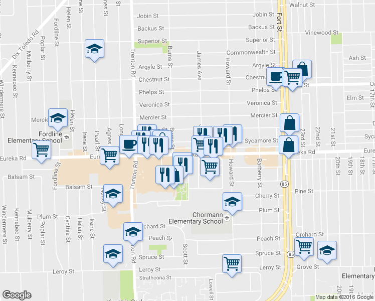 map of restaurants, bars, coffee shops, grocery stores, and more near 13470 Eureka Road in Southgate