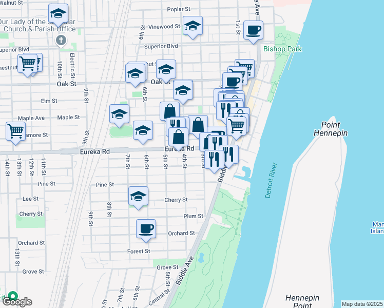 map of restaurants, bars, coffee shops, grocery stores, and more near 343 Eureka Rd in Wyandotte