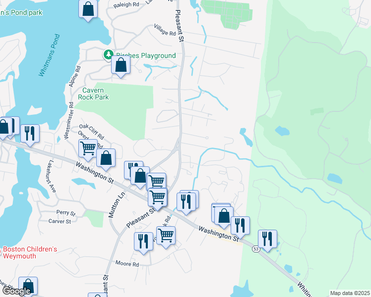 map of restaurants, bars, coffee shops, grocery stores, and more near 955 Pleasant Street in Weymouth