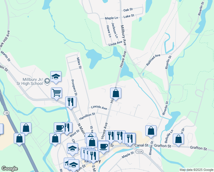 map of restaurants, bars, coffee shops, grocery stores, and more near 8 Patriots Place in Millbury