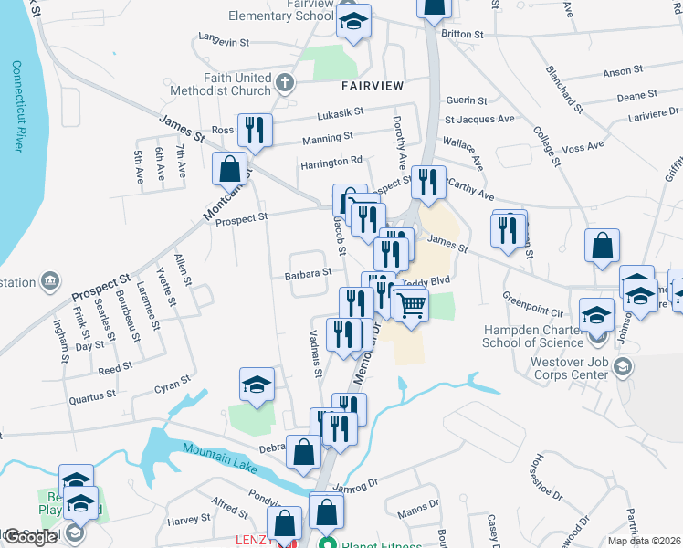 map of restaurants, bars, coffee shops, grocery stores, and more near 75 Barbara Street in Chicopee