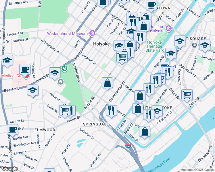 map of restaurants, bars, coffee shops, grocery stores, and more near 729 High Street in Holyoke