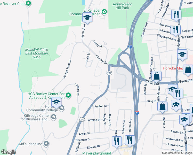 map of restaurants, bars, coffee shops, grocery stores, and more near 24 Maple Crest Circle in Holyoke