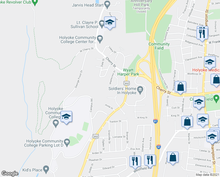 map of restaurants, bars, coffee shops, grocery stores, and more near 24 Maple Crest Circle in Holyoke