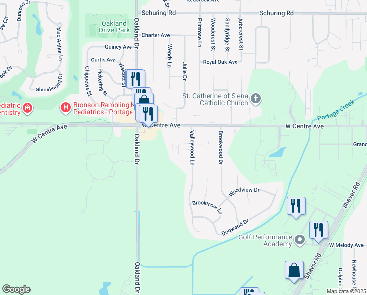 map of restaurants, bars, coffee shops, grocery stores, and more near 1715 Valleywood Court in Portage