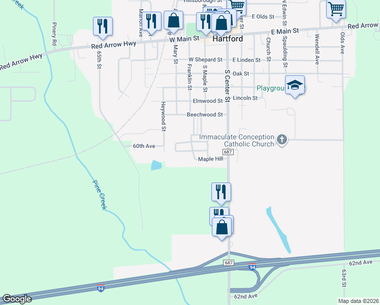 map of restaurants, bars, coffee shops, grocery stores, and more near Maple Hill in Hartford