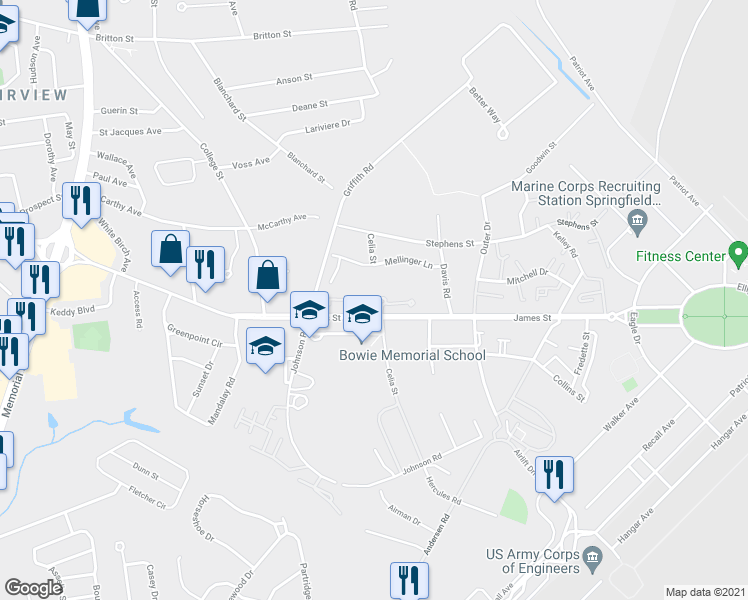 map of restaurants, bars, coffee shops, grocery stores, and more near Richmond Way in Chicopee