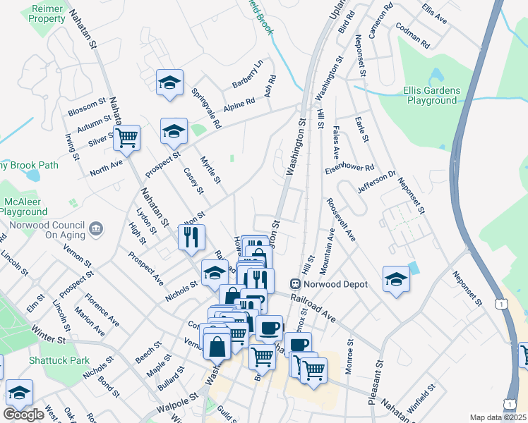 map of restaurants, bars, coffee shops, grocery stores, and more near 8 Granite Street in Norwood