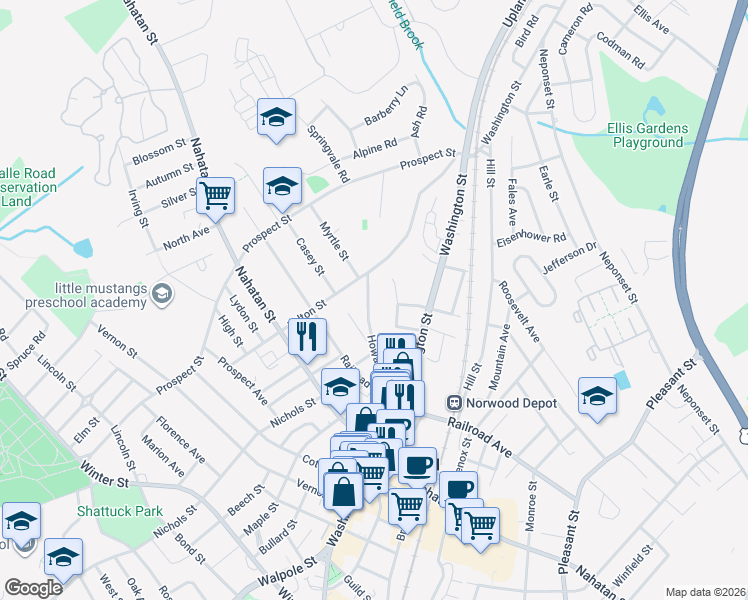 map of restaurants, bars, coffee shops, grocery stores, and more near 75 Howard Street in Norwood
