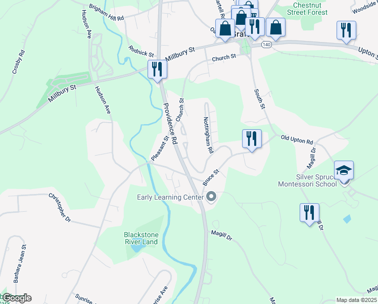 map of restaurants, bars, coffee shops, grocery stores, and more near 30 Gordon Circle in Grafton