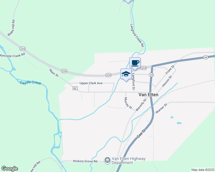 map of restaurants, bars, coffee shops, grocery stores, and more near 7 Upper Clark Avenue in Van Etten
