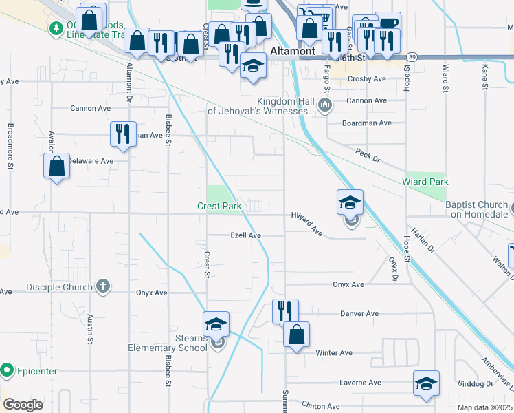 map of restaurants, bars, coffee shops, grocery stores, and more near 3939 Hilyard Avenue in Klamath Falls