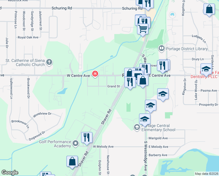 map of restaurants, bars, coffee shops, grocery stores, and more near 507 Grand Street in Portage