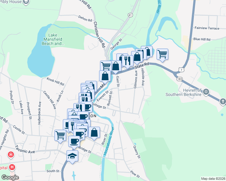 map of restaurants, bars, coffee shops, grocery stores, and more near 54 Russell Street in Great Barrington