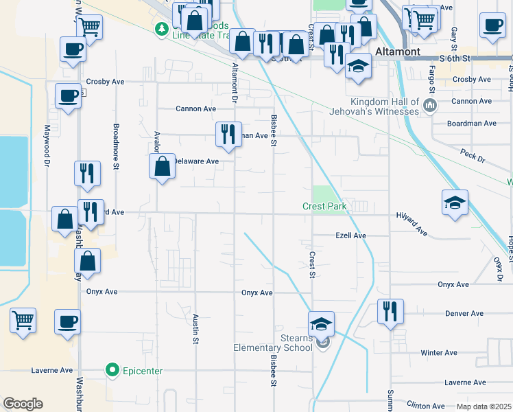 map of restaurants, bars, coffee shops, grocery stores, and more near 3503 Hilyard Avenue in Klamath Falls