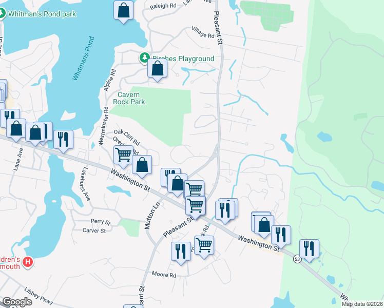 map of restaurants, bars, coffee shops, grocery stores, and more near Old Stone Way in Weymouth