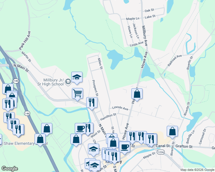 map of restaurants, bars, coffee shops, grocery stores, and more near 60 Miles Street in Millbury