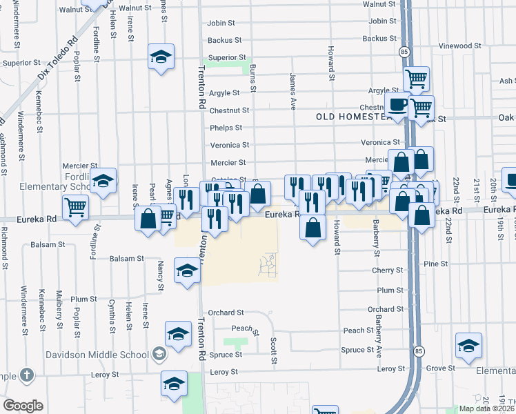 map of restaurants, bars, coffee shops, grocery stores, and more near 13566 Eureka Road in Southgate