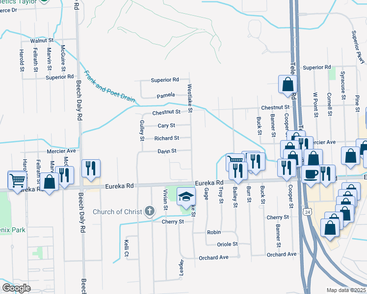 map of restaurants, bars, coffee shops, grocery stores, and more near 25034 Darin Street in Taylor
