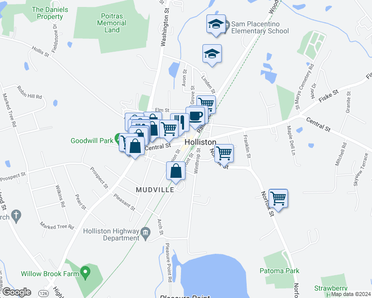 map of restaurants, bars, coffee shops, grocery stores, and more near 38 Railroad Street in Holliston