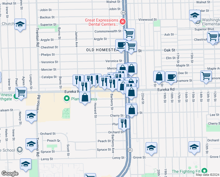map of restaurants, bars, coffee shops, grocery stores, and more near 13008 Eureka Road in Southgate