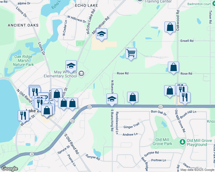 map of restaurants, bars, coffee shops, grocery stores, and more near 105 North Buesching Road in Lake Zurich