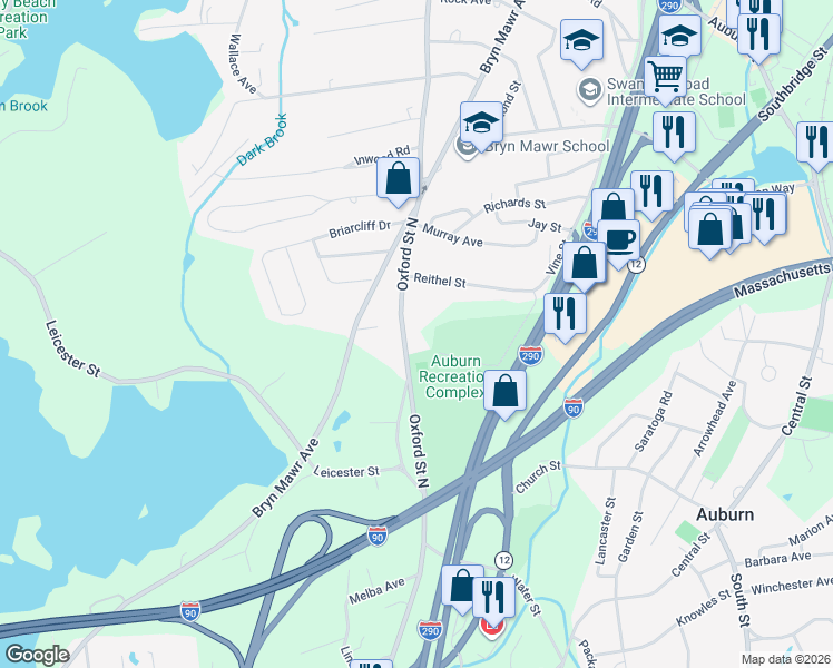 map of restaurants, bars, coffee shops, grocery stores, and more near 385 Oxford Street North in Auburn
