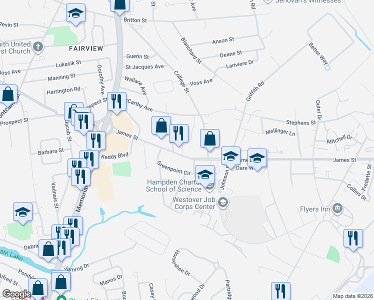 map of restaurants, bars, coffee shops, grocery stores, and more near 749 James Street in Chicopee