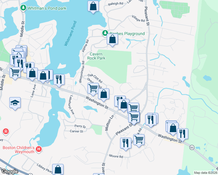 map of restaurants, bars, coffee shops, grocery stores, and more near 20 Chapman Street in Weymouth