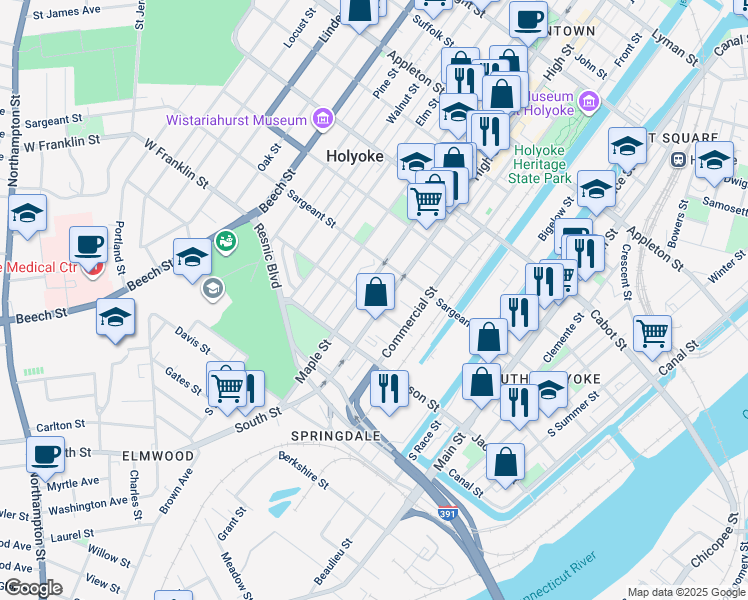 map of restaurants, bars, coffee shops, grocery stores, and more near 729 High Street in Holyoke