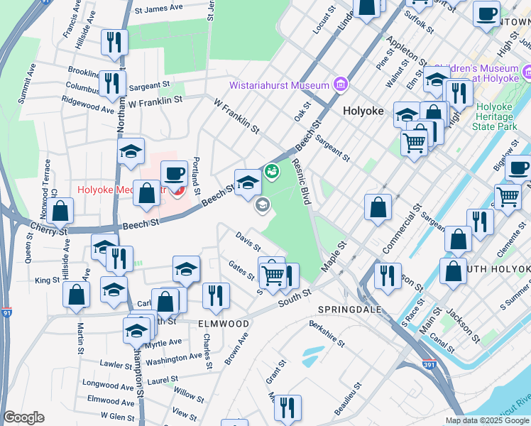 map of restaurants, bars, coffee shops, grocery stores, and more near 500 Beech Street in Holyoke