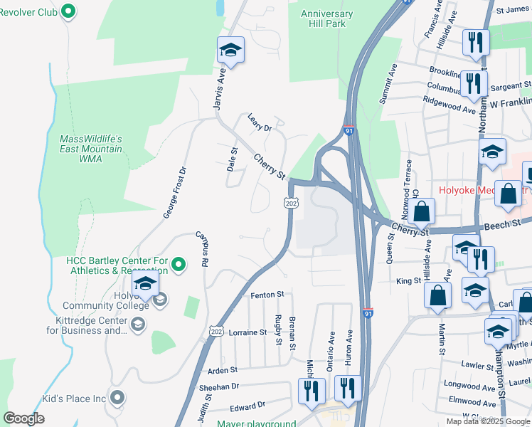 map of restaurants, bars, coffee shops, grocery stores, and more near 20 Maple Crest Circle in Holyoke