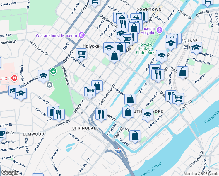 map of restaurants, bars, coffee shops, grocery stores, and more near 41-51 Commercial Street in Holyoke